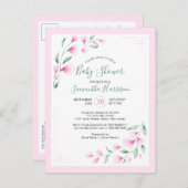 バジェットピンクミントウオーターカラーフローラベビーシャワー インビテーションポストカード (正面/裏面)