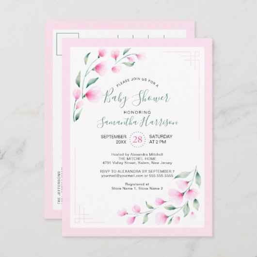 バジェットピンクミントウオーターカラーフローラベビーシャワー インビテーションポストカード (正面/裏面)