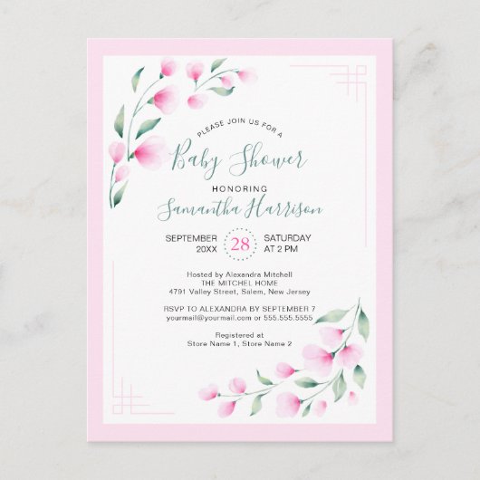 バジェットピンクミントウオーターカラーフローラベビーシャワー インビテーションポストカード (正面)