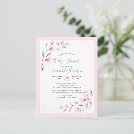 バジェットピンクミントウオーターカラーフローラベビーシャワー インビテーションポストカード (スタンド正面)