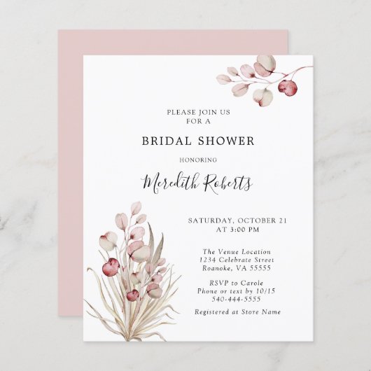 バジェットピンクユーカリプツパームブライダルシャワー招待状 (正面/裏面)