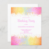 バジェットピンクレインボー紙吹雪誕生日招待状 (正面/裏面)