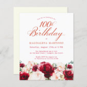 バジェットピンクレッドフローラ100th誕生日招待状 (正面/裏面)