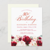 バジェットピンクレッドフローラ80th誕生日招待状 (正面/裏面)