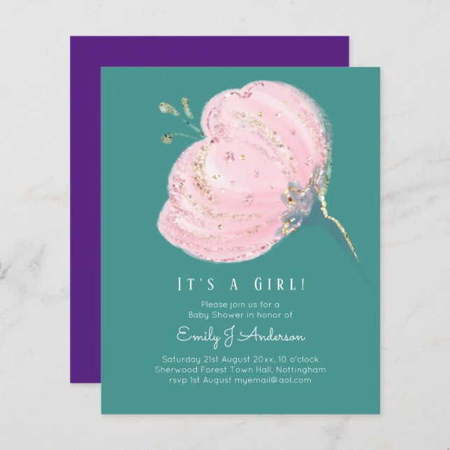 バジェットピンクローズグリッターその女の子ベビーシャワー (正面/裏面)