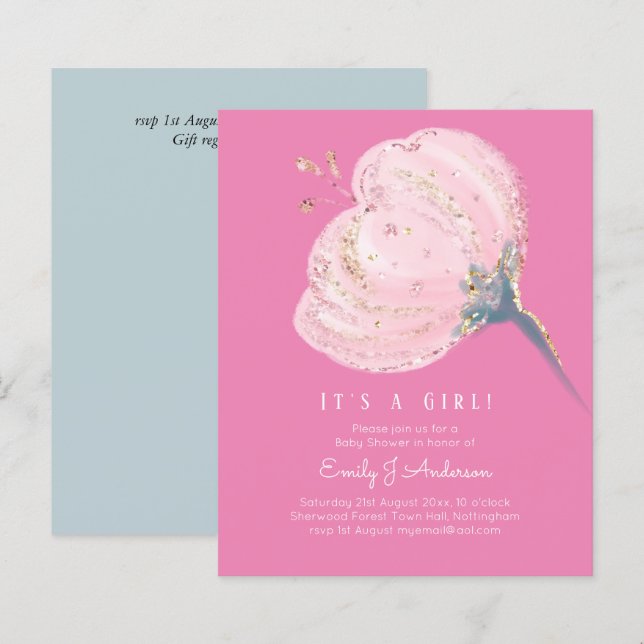 バジェットピンクローズグリッターその女の子ベビーシャワー (正面/裏面)