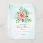 バジェットピンクローズターコイズフローラベビーシャワー インビテーションポストカード (正面/裏面)