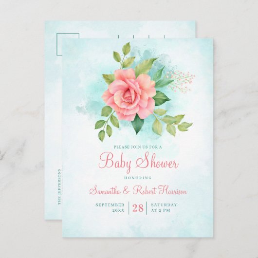 バジェットピンクローズターコイズフローラベビーシャワー インビテーションポストカード (正面/裏面)