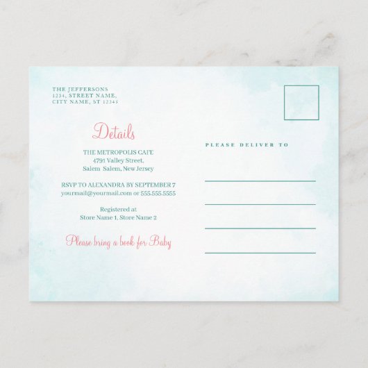 バジェットピンクローズターコイズフローラベビーシャワー インビテーションポストカード (裏面)