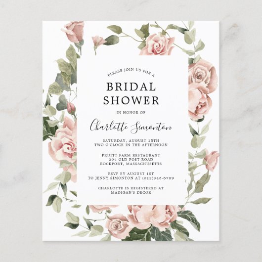 バジェットピンクローズフローラブライダルシャワー招待 チラシ (正面)
