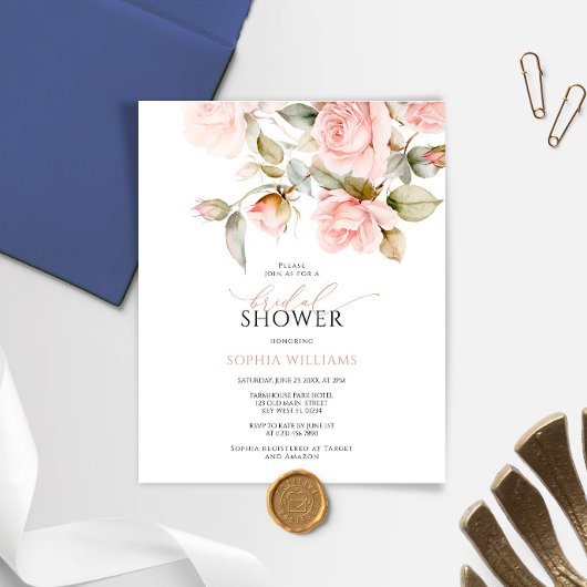 バジェットピンクローズ&グリーンリーブライダルシャワー招待状