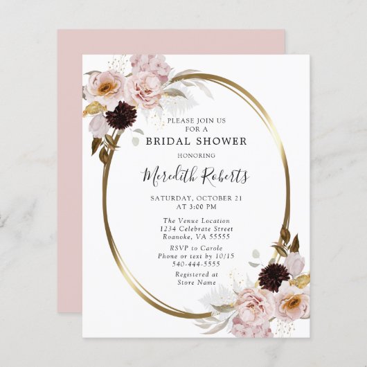 バジェットピンクローゼス金ゴールドブライダルシャワー招待 (正面/裏面)