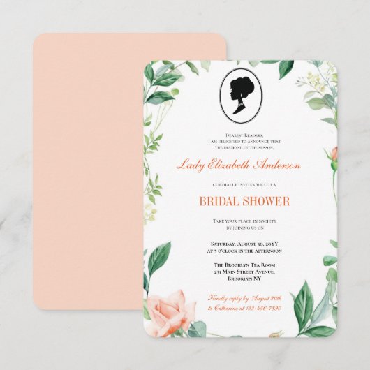 バジェットピンクワイルドフラワーズブリジガートンブライダルシャワー 招待状 (正面/裏面)