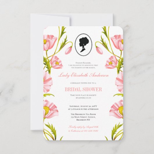 バジェットピンクワイルドフラワーズブリジガートンブライダルシャワー 招待状 (正面)