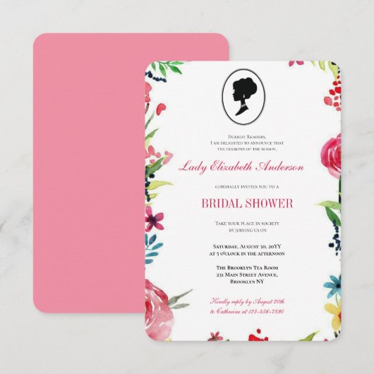 バジェットピンクワイルドフラワーズブリジガートンブライダルシャワー 招待状 (正面/裏面)