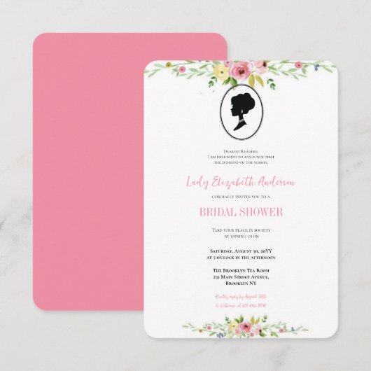 バジェットピンクワイルドフラワーズブリジガートンブライダルシャワー 招待状 (正面/裏面)