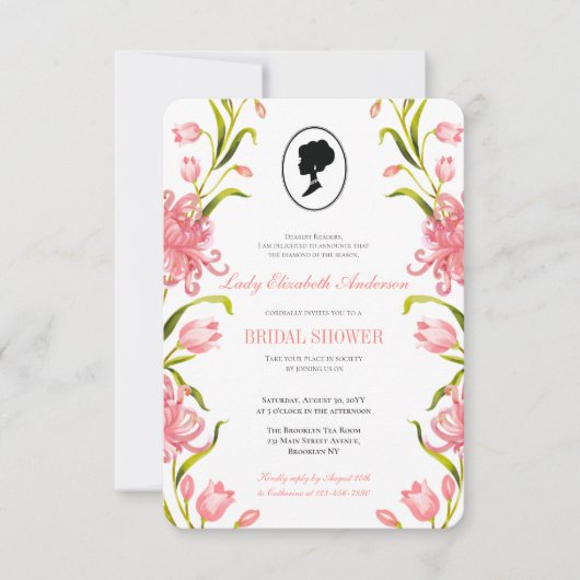 バジェットピンクワイルドフラワーズブリジガートンブライダルシャワー 招待状 (正面)