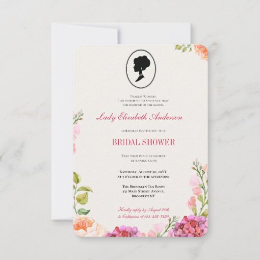 バジェットピンクワイルドフラワーズブリジガートンブライダルシャワー 招待状 (正面)