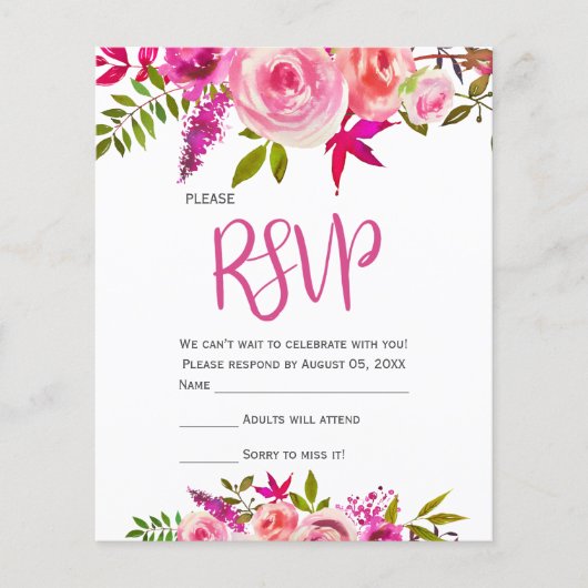 バジェットピンク明るい赤紫色ボタニカルフローラウェディングRSVP (正面)