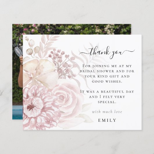 バジェットピンク花模様写真ブライダルシャワーありがとう (正面/裏面)