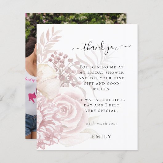 バジェットピンク花模様写真ブライダルシャワーありがとう (正面/裏面)