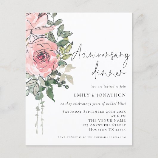 バジェットピンク花模様記念日ディナー招待状 (正面)