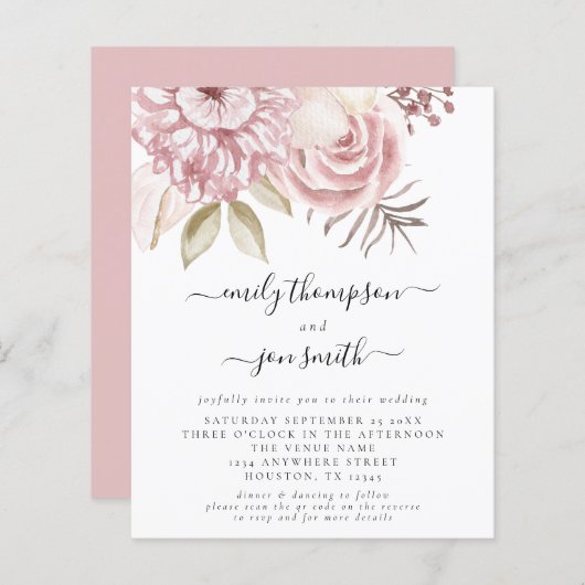 バジェットピンク花模様QRコード結婚式招待状 (正面/裏面)