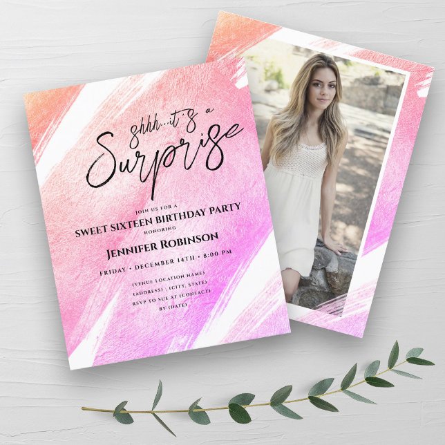 バジェットピンク赤面グラデーションサプライズスウィート16招待状 (Budget Pink Blush Ombre Surprise Sweet 16 Invites)