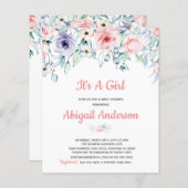 バジェットピンク赤面フローラベビーシャワー招待状 (正面/裏面)