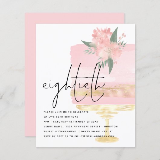 バジェットピンク金ゴールドお誕生日ケーキ80thパーティー招待状 (正面/裏面)