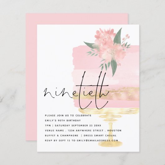 バジェットピンク金ゴールドお誕生日ケーキ90thパーティー招待状 (正面/裏面)