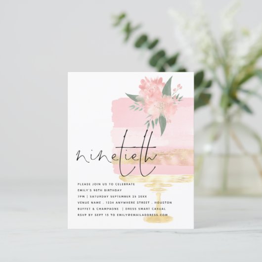 バジェットピンク金ゴールドお誕生日ケーキ90thパーティー招待状 (スタンド正面)