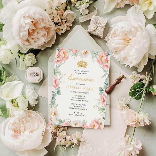 バジェットピンク金ゴールドフローラキンセアニラ招待状 (This pink floral quinceanera invitation with gold crown is an elegant way to announce your party)