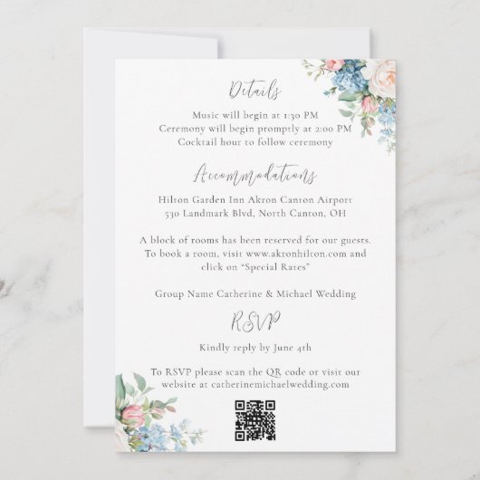 バジェットピンク&ブルーフローラエレガントな結婚式 招待状 (裏面)