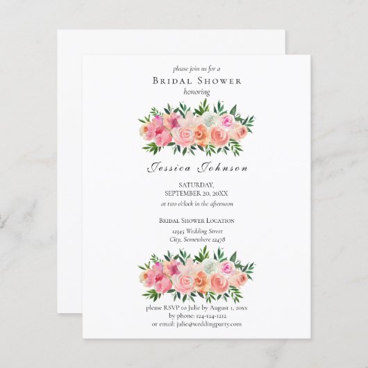 バジェットピンク&ホワイトフローラブライダルシャワー招待状 (正面/裏面)