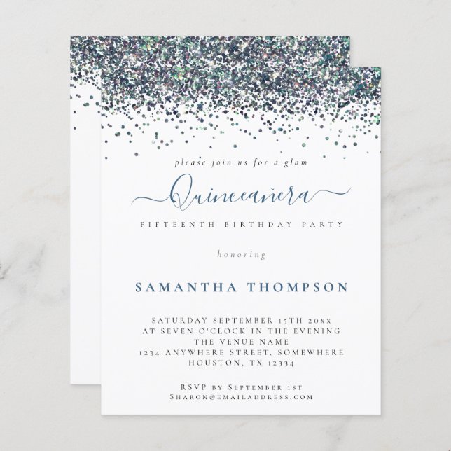 バジェットピーコックブルーグリッターキンセアニラ招待状 (正面/裏面)