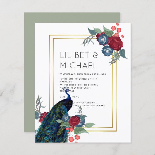 バジェットピーコックブルーブルガンディーウィンター秋の結婚式 (正面/裏面)