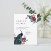 バジェットピーコックブルーブルガンディーウィンター秋の結婚式 ポストカード (スタンド正面)