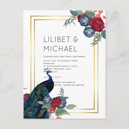 バジェットピーコックブルーブルガンディーウィンター秋の結婚式 ポストカード (正面)