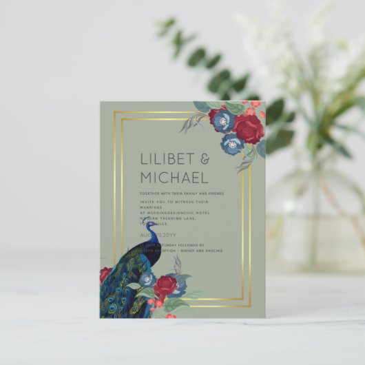 バジェットピーコックブルーブルガンディーウィンター秋の結婚式 ポストカード (スタンド正面)