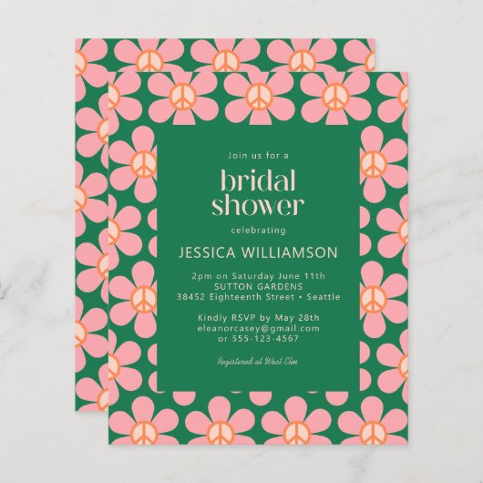 バジェットピースフローラグリーンブライダルシャワー招待状 (正面/裏面)
