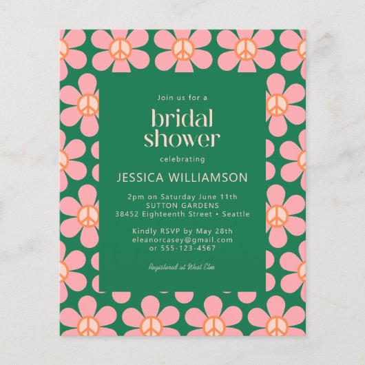 バジェットピースフローラグリーンブライダルシャワー招待状 (正面)