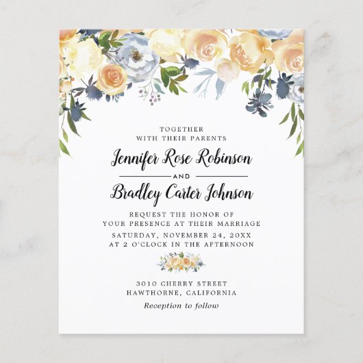 バジェットピーチウォーターカラーフローラ結婚式招待状 (正面)