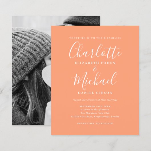 バジェットピーチスクリプトフォト結婚式招待状 (正面/裏面)