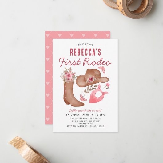 バジェットファースト赤面ピンク女性のカーボーイ1st誕生日 ノートカード (正面/裏面インサイチュ)