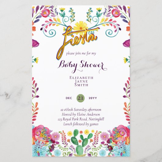 バジェットフィエスタベビーシャワーフォークアートフラワーズ招待状 (正面)