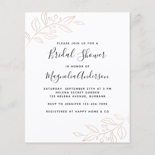 バジェットフォイルボタニカルブライダルシャワー招待 (正面)