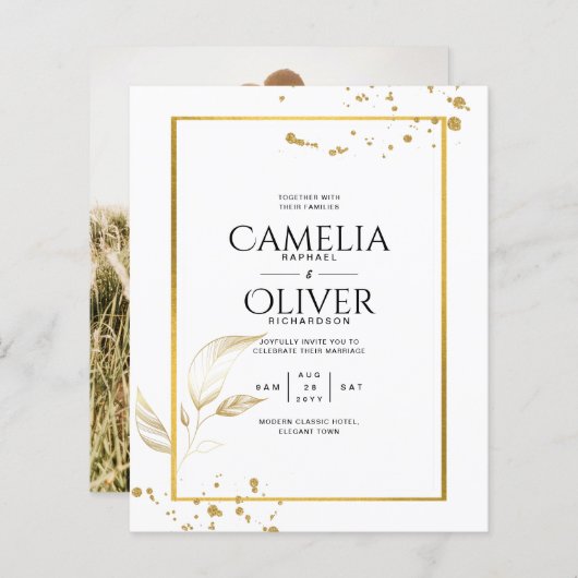 バジェットフォトクラシック結婚式招待状白金ゴールド (正面/裏面)