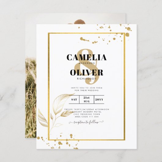 バジェットフォトクラシック結婚式招待状白金ゴールド (正面/裏面)