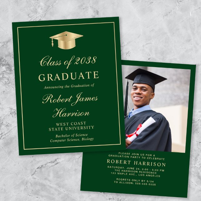 バジェットフォトグリーン金ゴールド卒業パーティー招待状 (An elegant college graduation party invitation to celebrate the graduate's achievements)